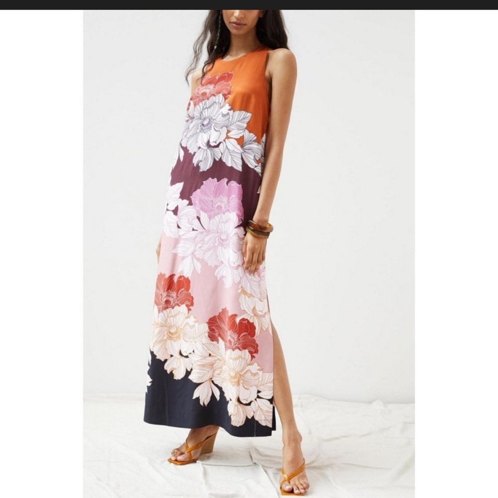 Anthropologie Maeve Floral Twist Back Maxi Dress in Orange, Pink & Black